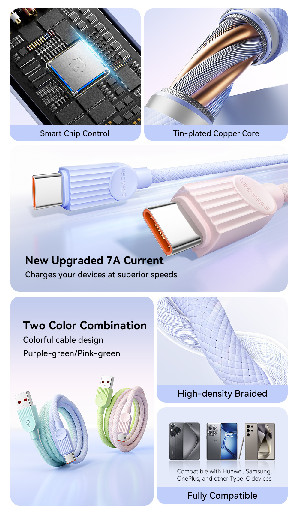 ESSAGER ES-X73 pleten polnilni in podatkovni kabel - USB-A na USB-C - 2 m - zeleno-roza