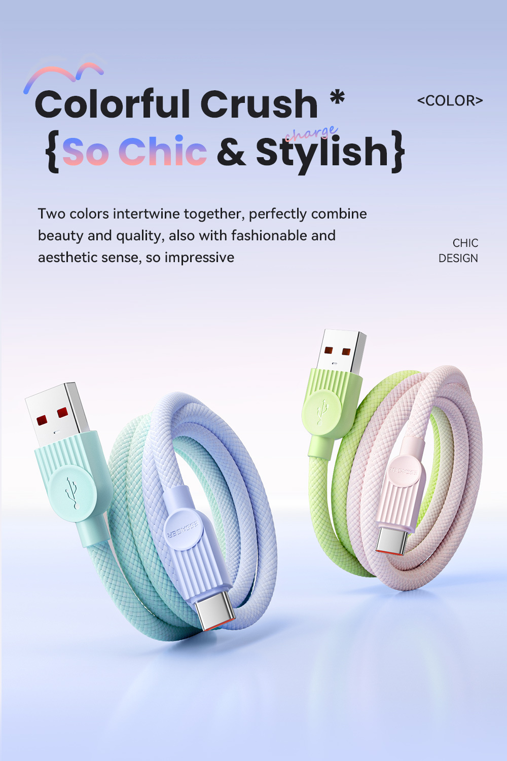 ESSAGER ES-X73 pleten polnilni in podatkovni kabel - USB-A na USB-C - 2 m - zeleno-roza