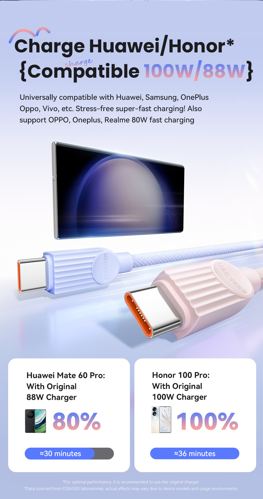 ESSAGER ES-X73 pleten polnilni in podatkovni kabel - USB-A na USB-C - 1 m - mentolno vijolična