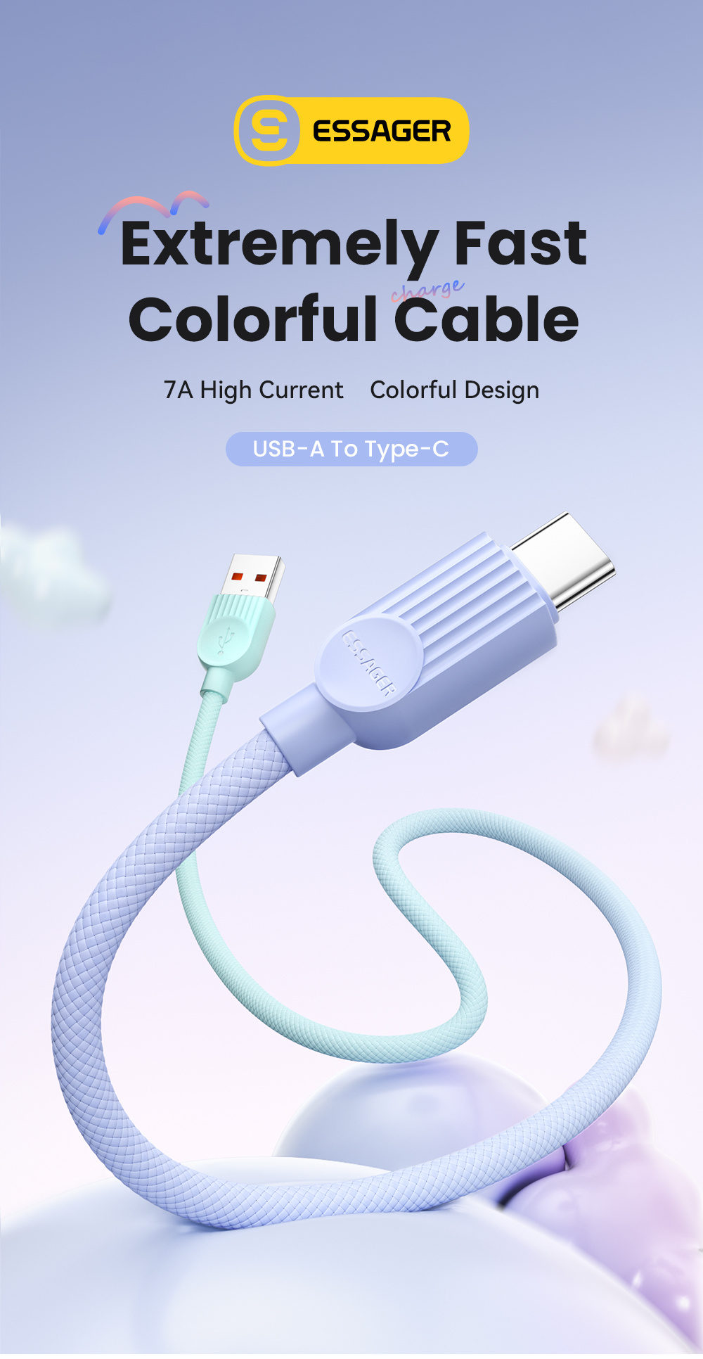 ESSAGER ES-X73 pleten polnilni in podatkovni kabel - USB-A na USB-C - 25 cm - mentolno vijoličen