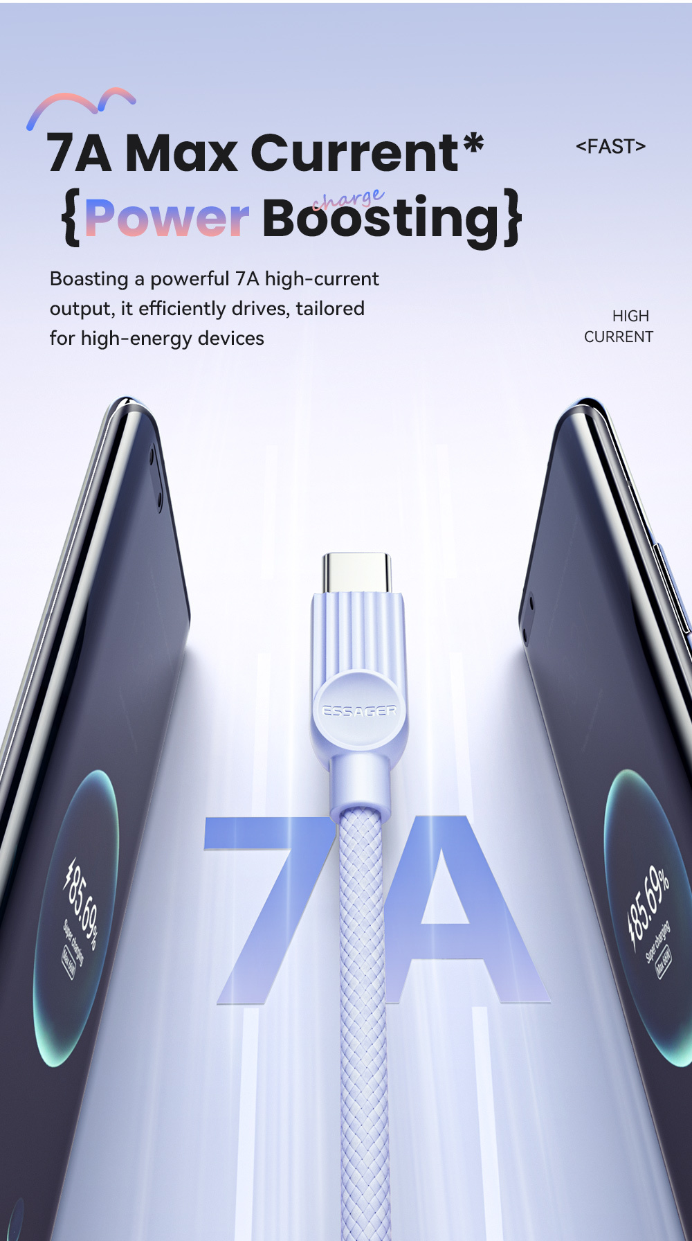 ESSAGER ES-X73 pleten polnilni in podatkovni kabel - USB-A na USB-C - 25 cm - mentolno vijoličen