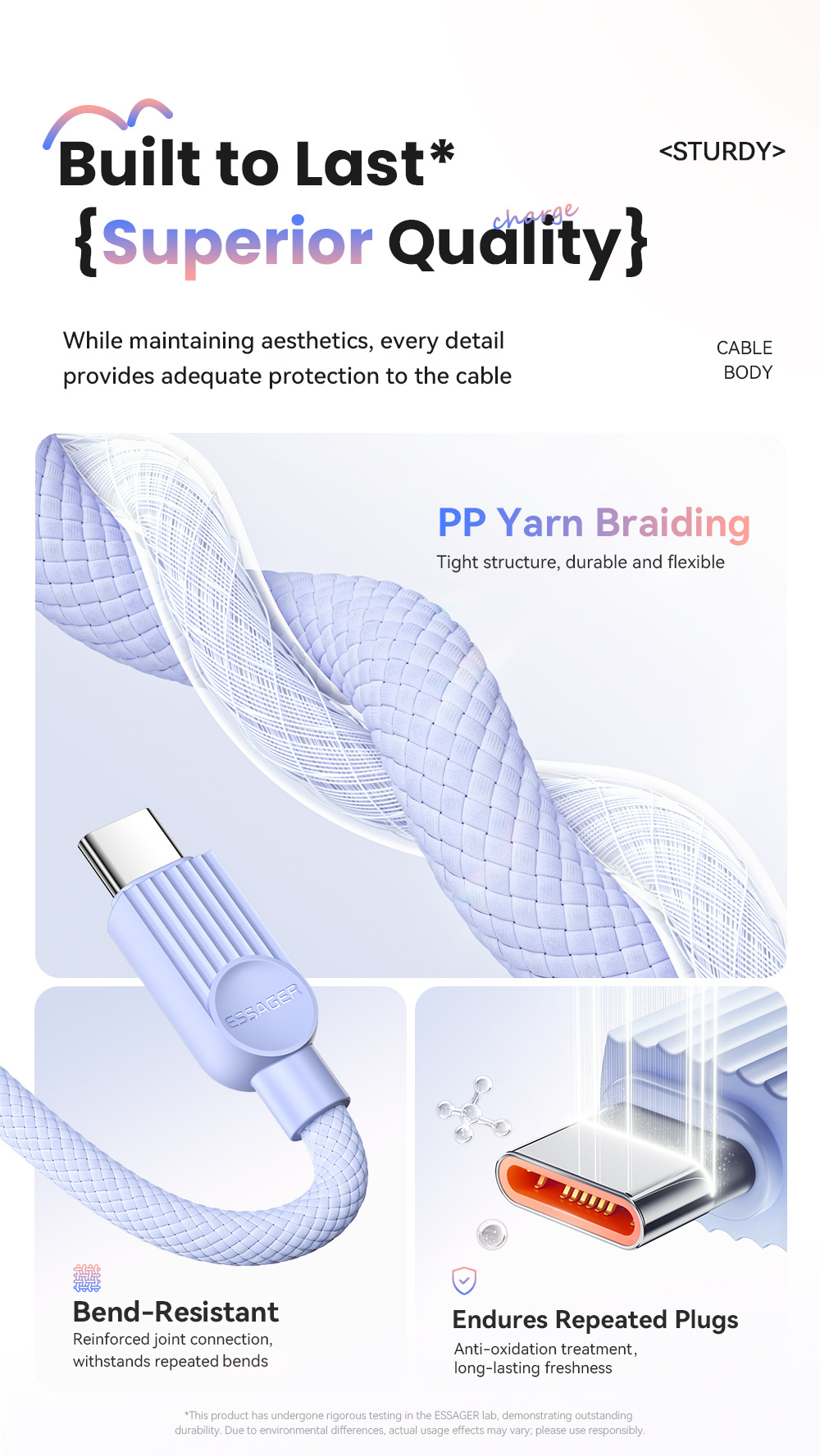 ESSAGER ES-X73 pleten polnilni in podatkovni kabel - USB-A na USB-C - 25 cm - mentolno vijoličen