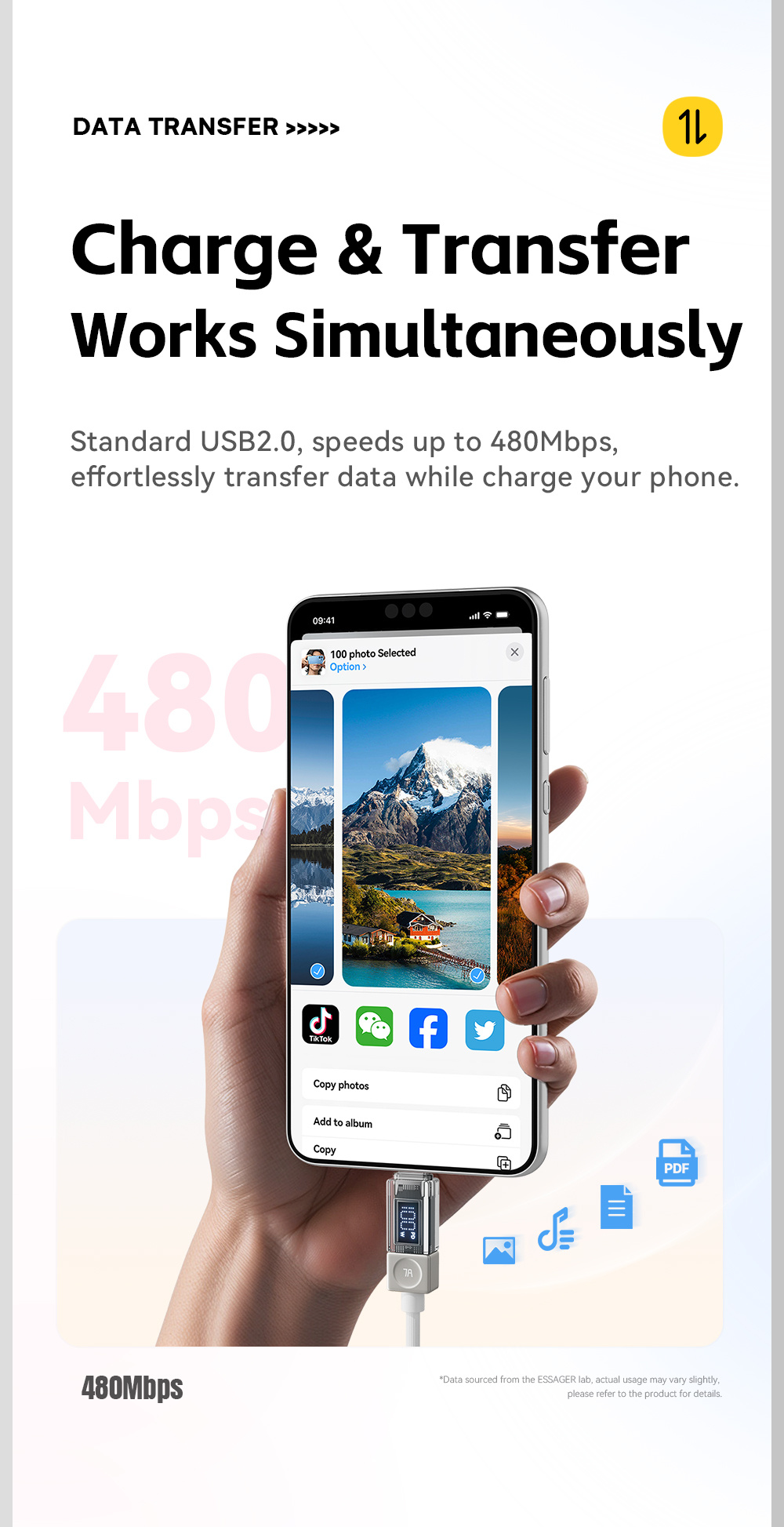 ESSAGER Crystal Clear pleteni polnilni in podatkovni kabel - USB-C na USB-C - 1 m - bel