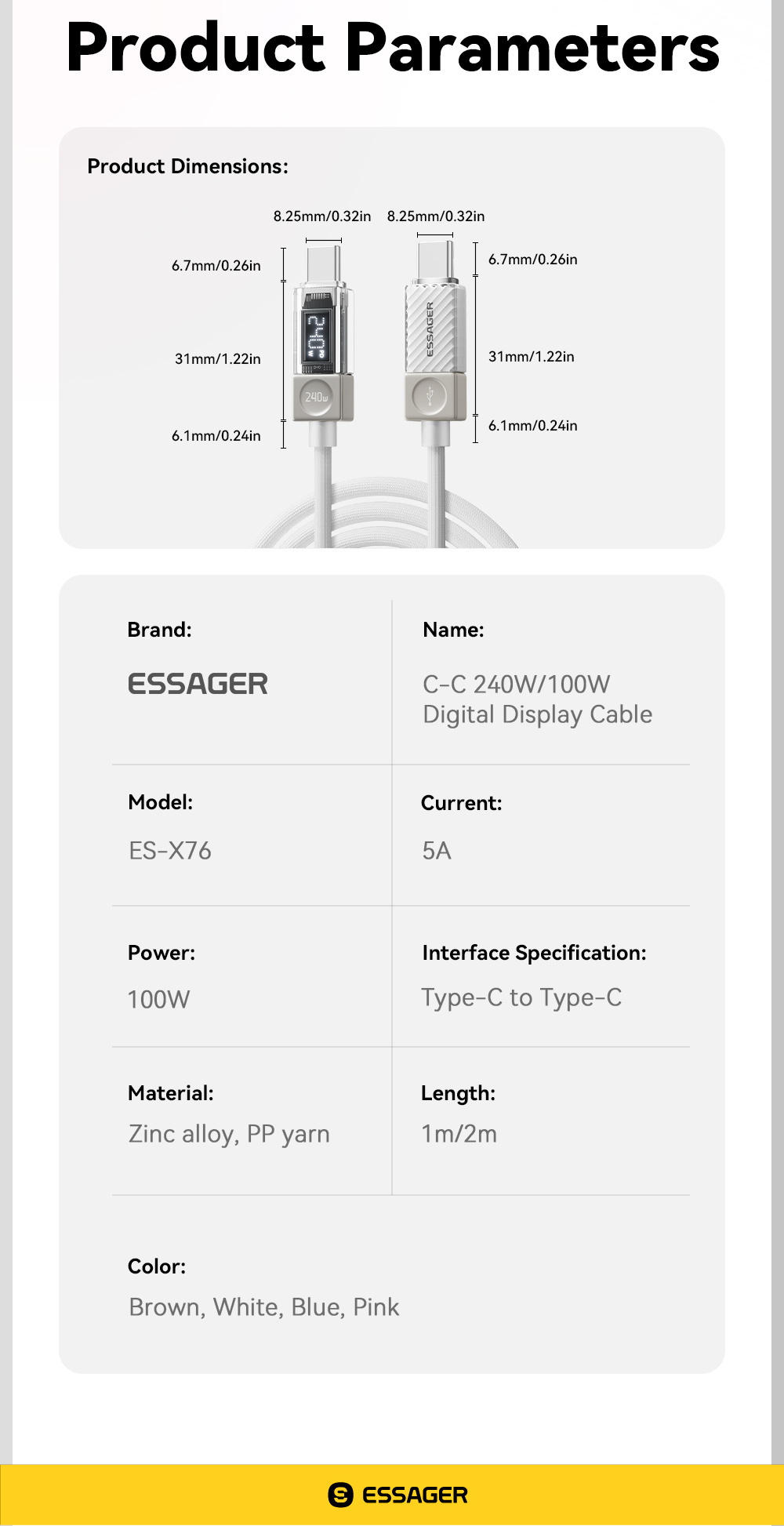 ESSAGER Crystal Clear pleteni polnilni in podatkovni kabel - USB-C na USB-C - 1 m - bel