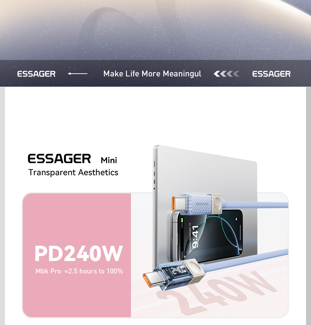 ESSAGER Crystal Clear opletený nabíjecí a datový kabel - USB-C na USB-C - 1 m - modrofialový