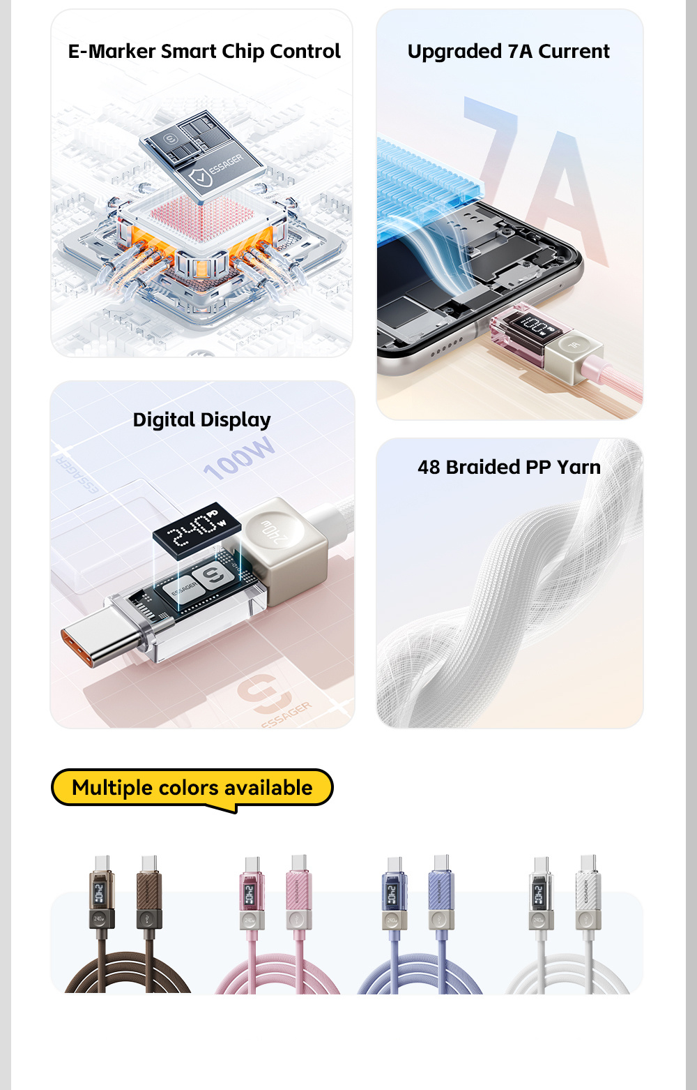 ESSAGER Crystal Clear opletený nabíjecí a datový kabel - USB-C na USB-C - 1 m - modrofialový