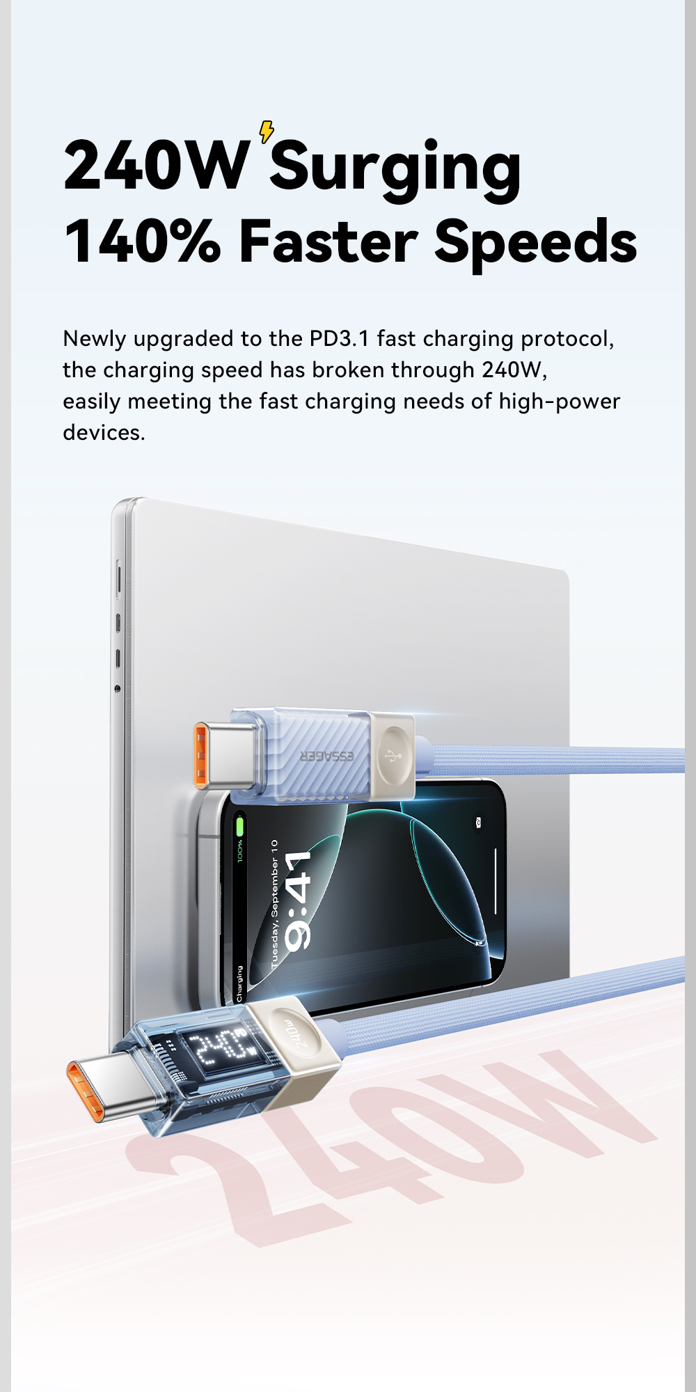 ESSAGER Crystal Clear opletený nabíjecí a datový kabel - USB-C na USB-C - 1 m - modrofialový