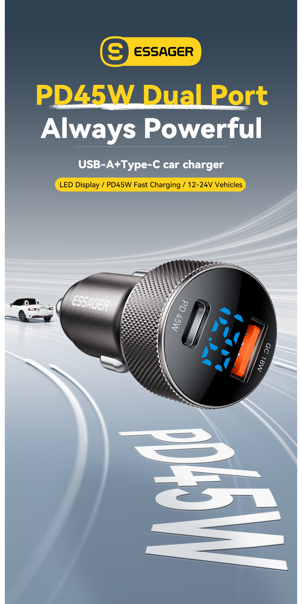 ESSAGER ES-CC21 avtopolnilec s priključki USB-C / USB-A - 45W - črn