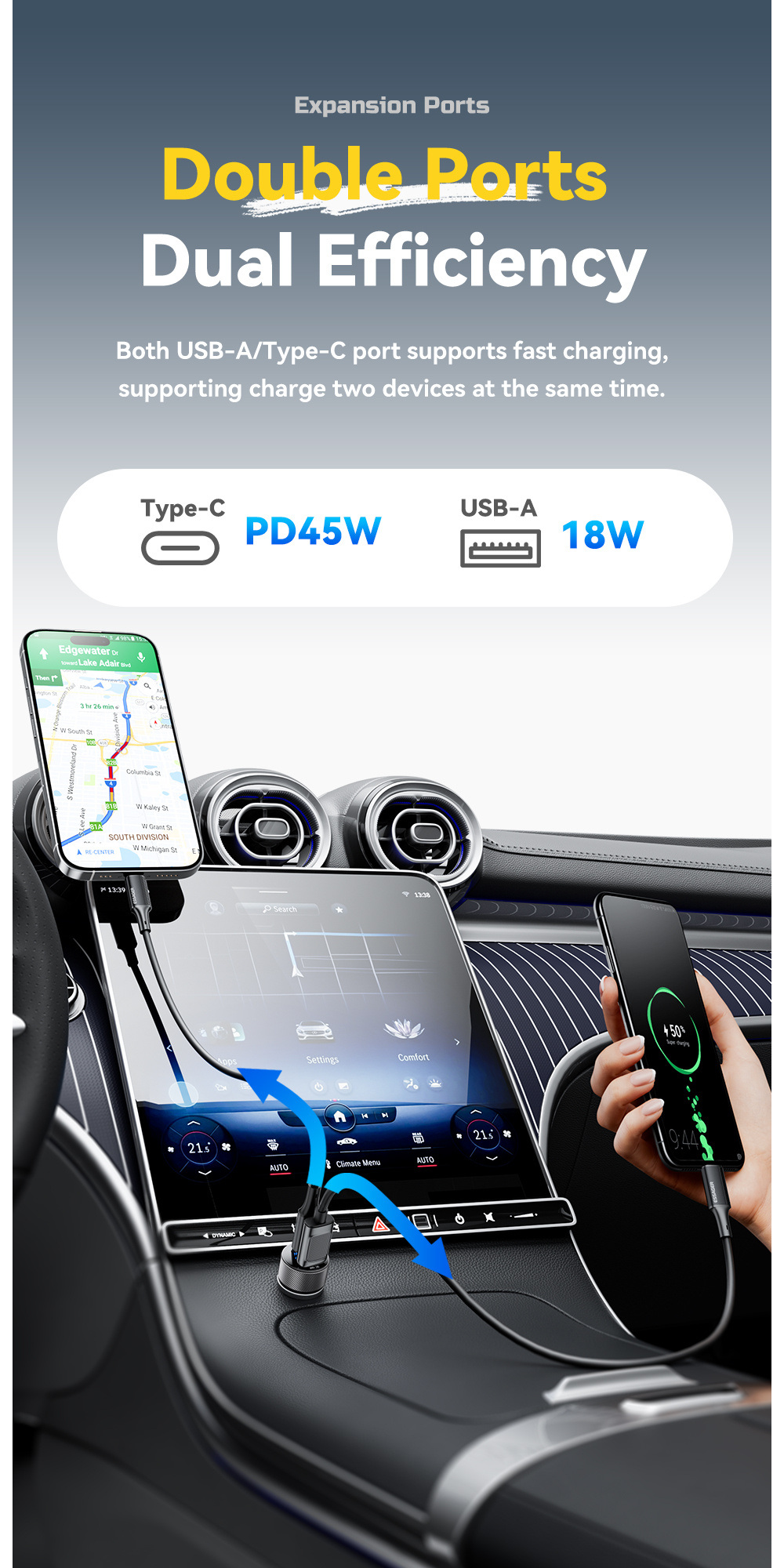 ESSAGER ES-CC21 avtopolnilec s priključki USB-C / USB-A - 45W - črn