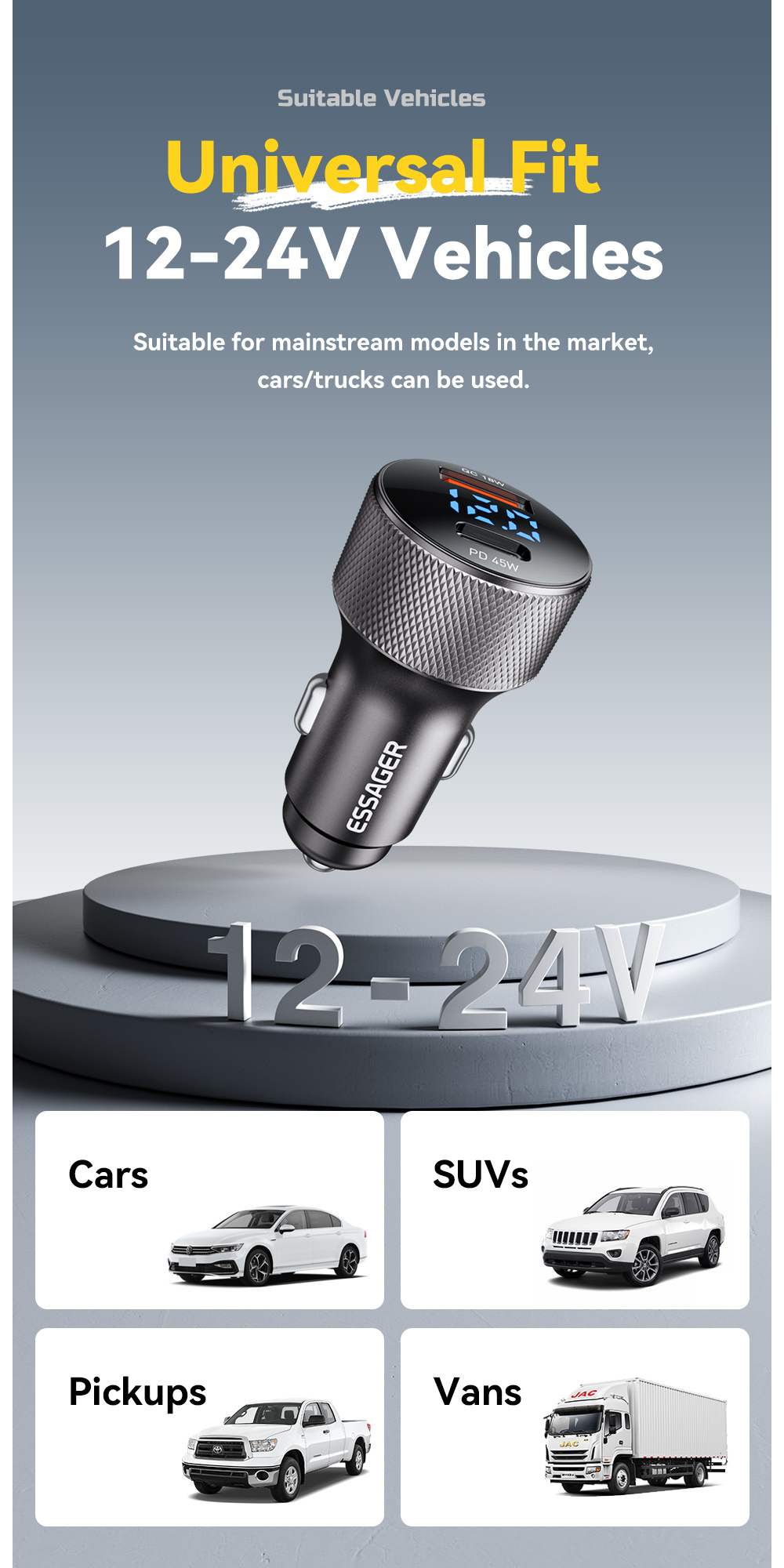 ESSAGER ES-CC21 avtopolnilec s priključki USB-C / USB-A - 45W - črn