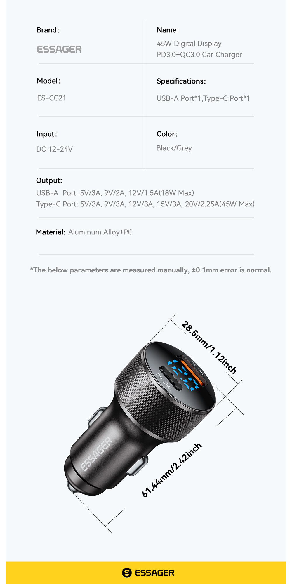 ESSAGER ES-CC21 avtopolnilec s priključki USB-C / USB-A - 45W - črn