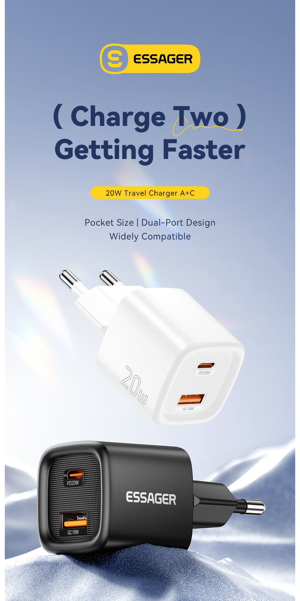 ESSAGER ES-CD54 mini hitri polnilni adapter s priključki USB-C / USB-A - 20W - bel