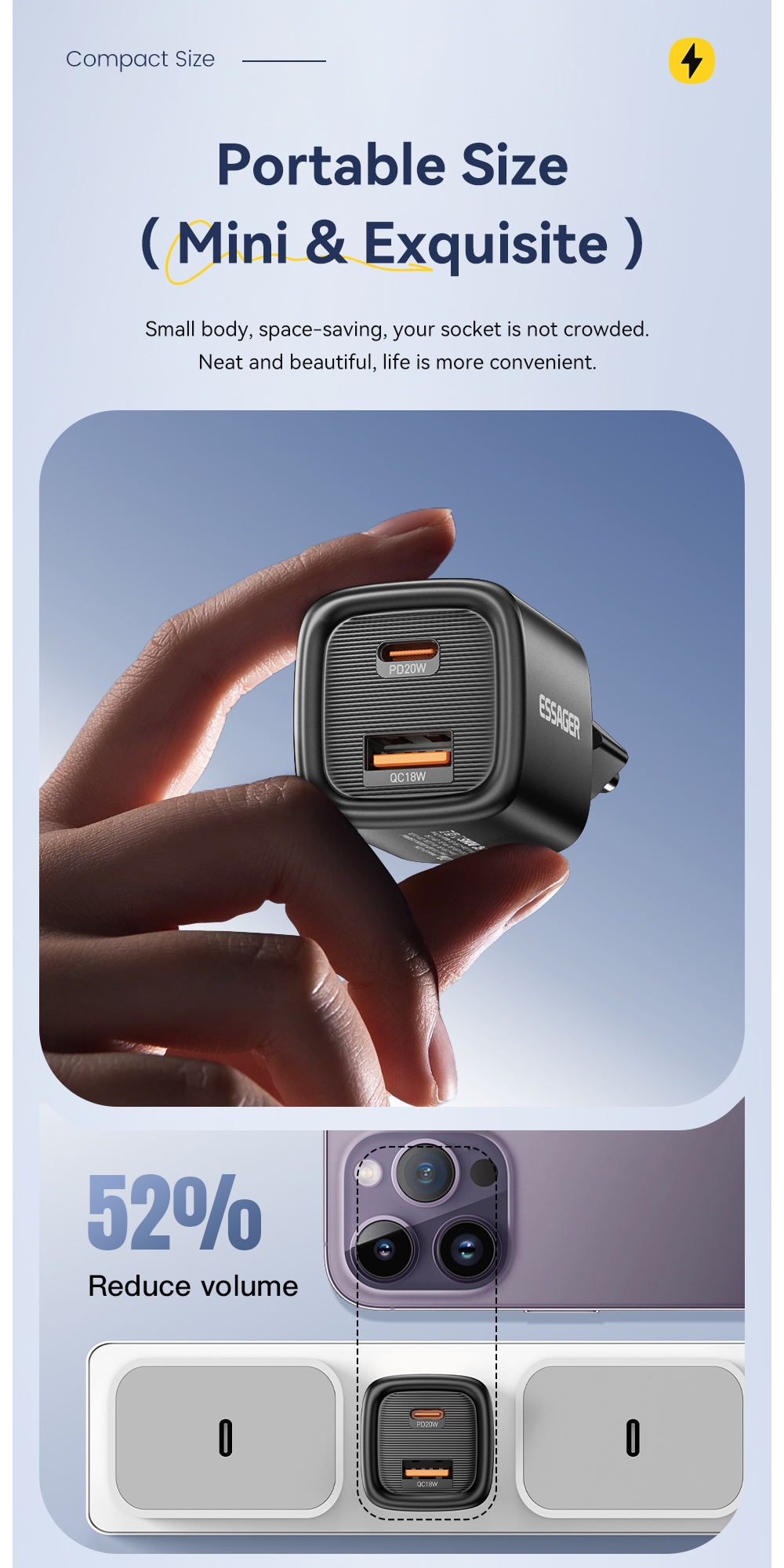 ESSAGER ES-CD54 mini hitri polnilni adapter s priključki USB-C / USB-A - 20W - bel