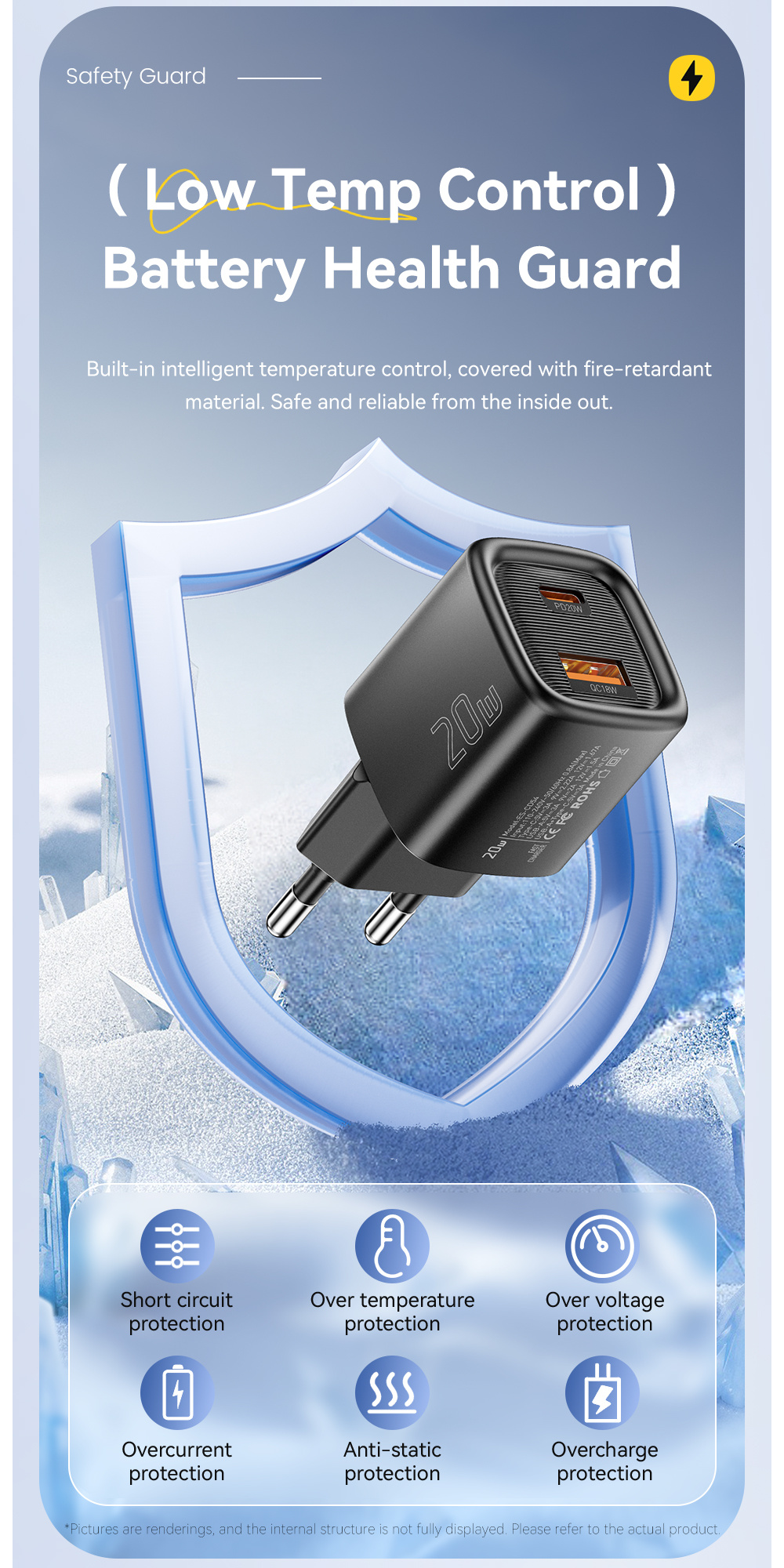 ESSAGER ES-CD54 mini hitri polnilni adapter s priključki USB-C / USB-A - 20W - bel