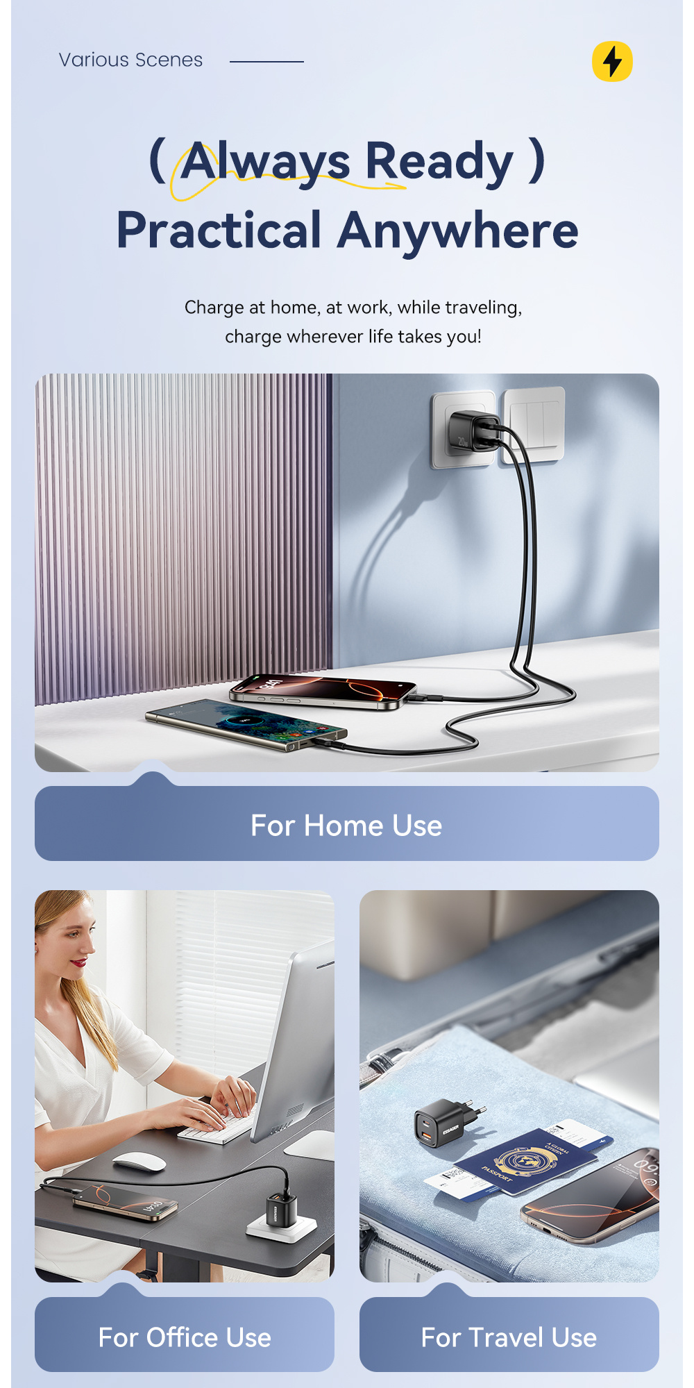 ESSAGER ES-CD54 mini hitri polnilni adapter s priključki USB-C / USB-A - 20W - bel