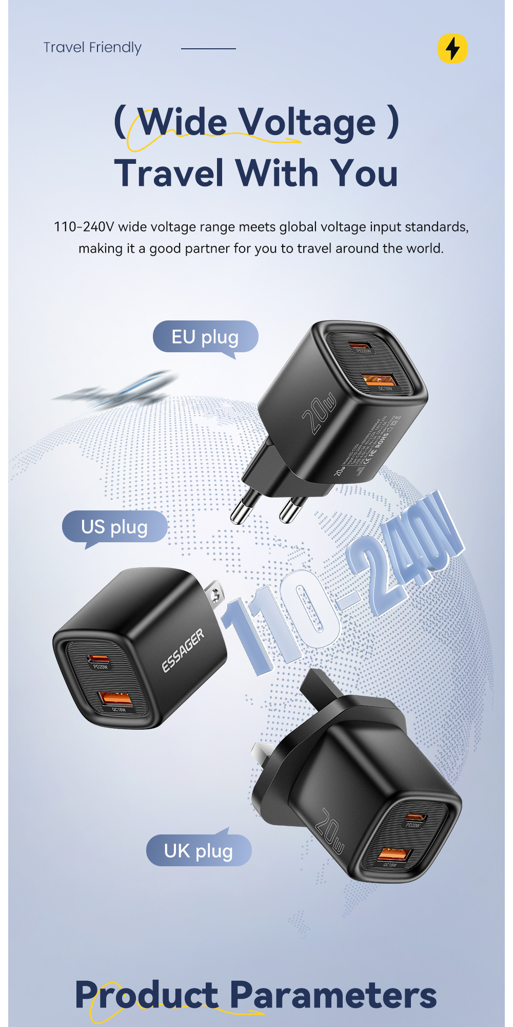 ESSAGER ES-CD54 mini hitri polnilni adapter s priključki USB-C / USB-A - 20W - bel