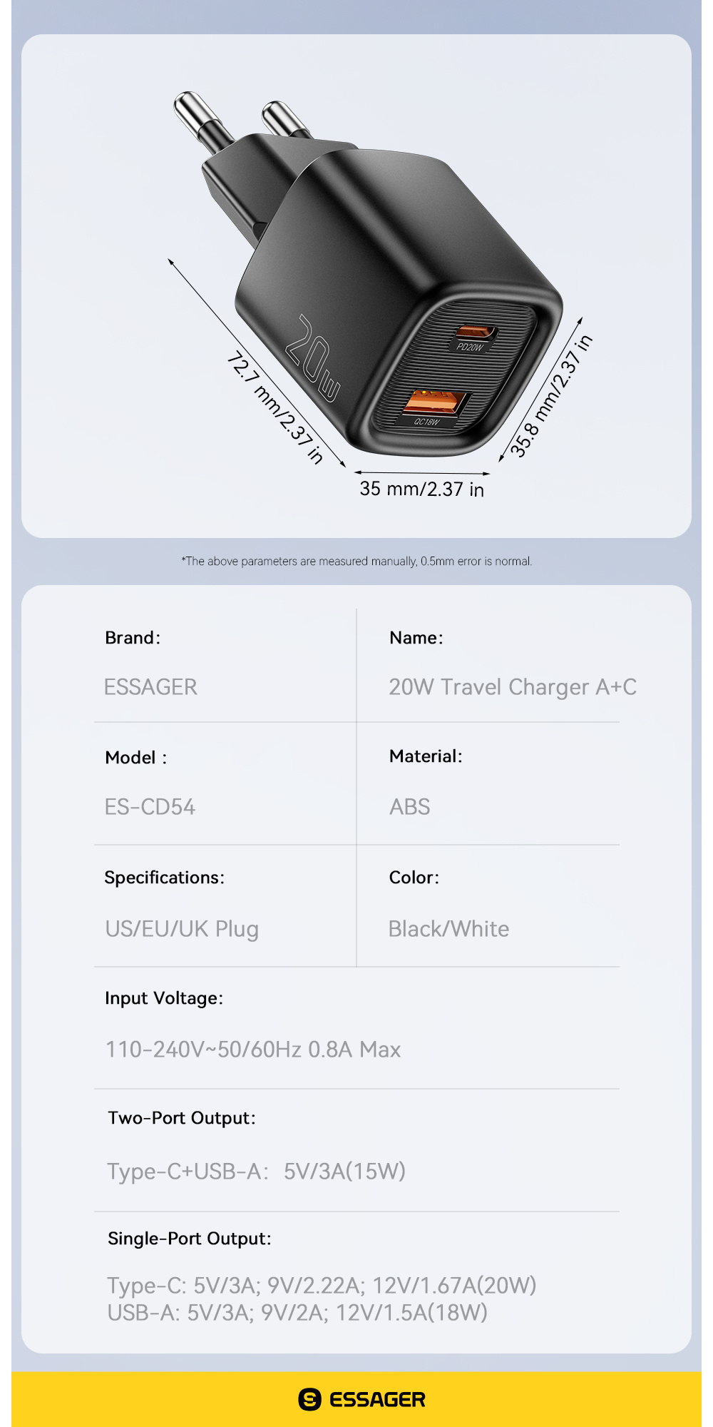 ESSAGER ES-CD54 mini hitri polnilni adapter s priključki USB-C / USB-A - 20W - bel