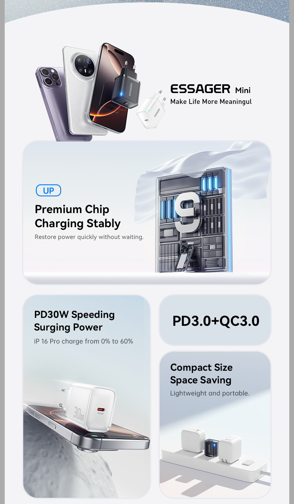 ESSAGER ES-CD52 hitri polnilni adapter s priključkom USB-C - 30W - bel