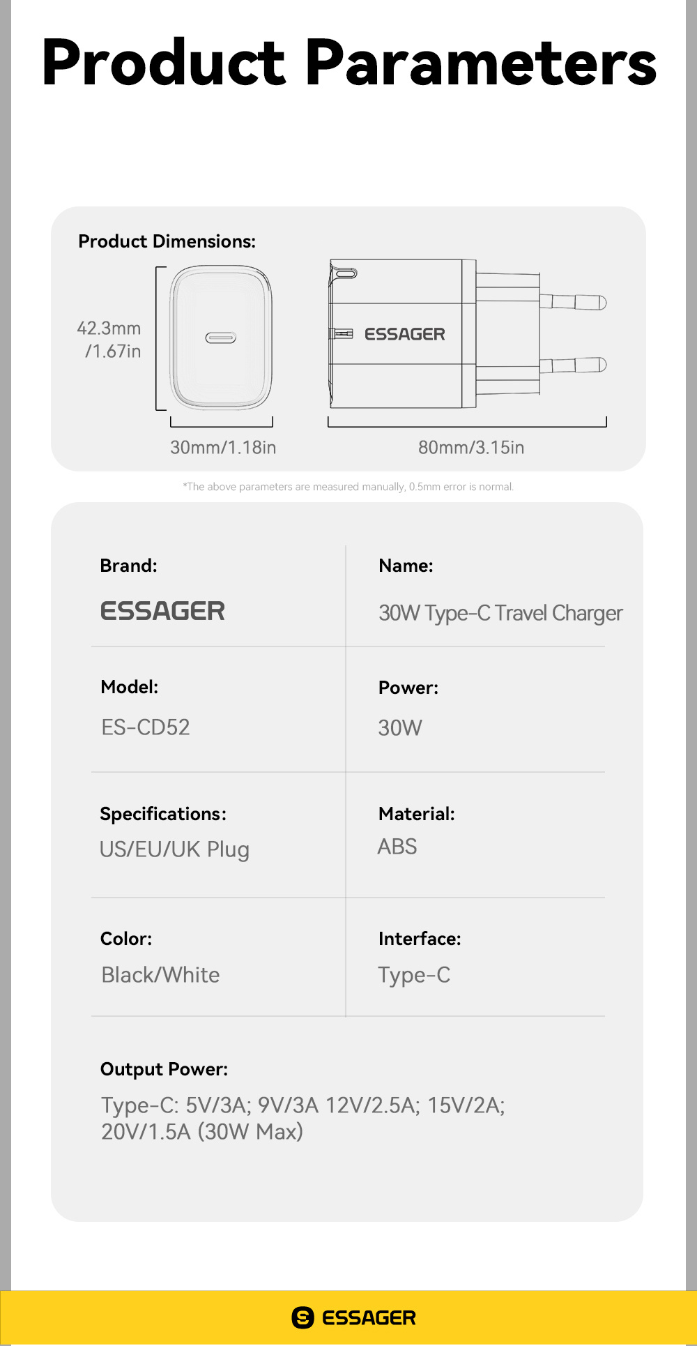 ESSAGER ES-CD52 hitri polnilni adapter s priključkom USB-C - 30W - bel