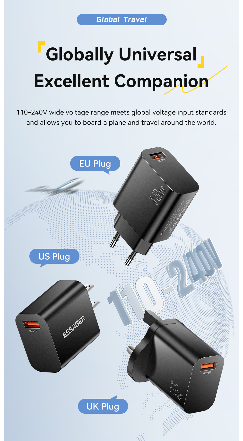ESSAGER S9 GaN adapter za hitro polnjenje z vrati USB-A - 18W - bel