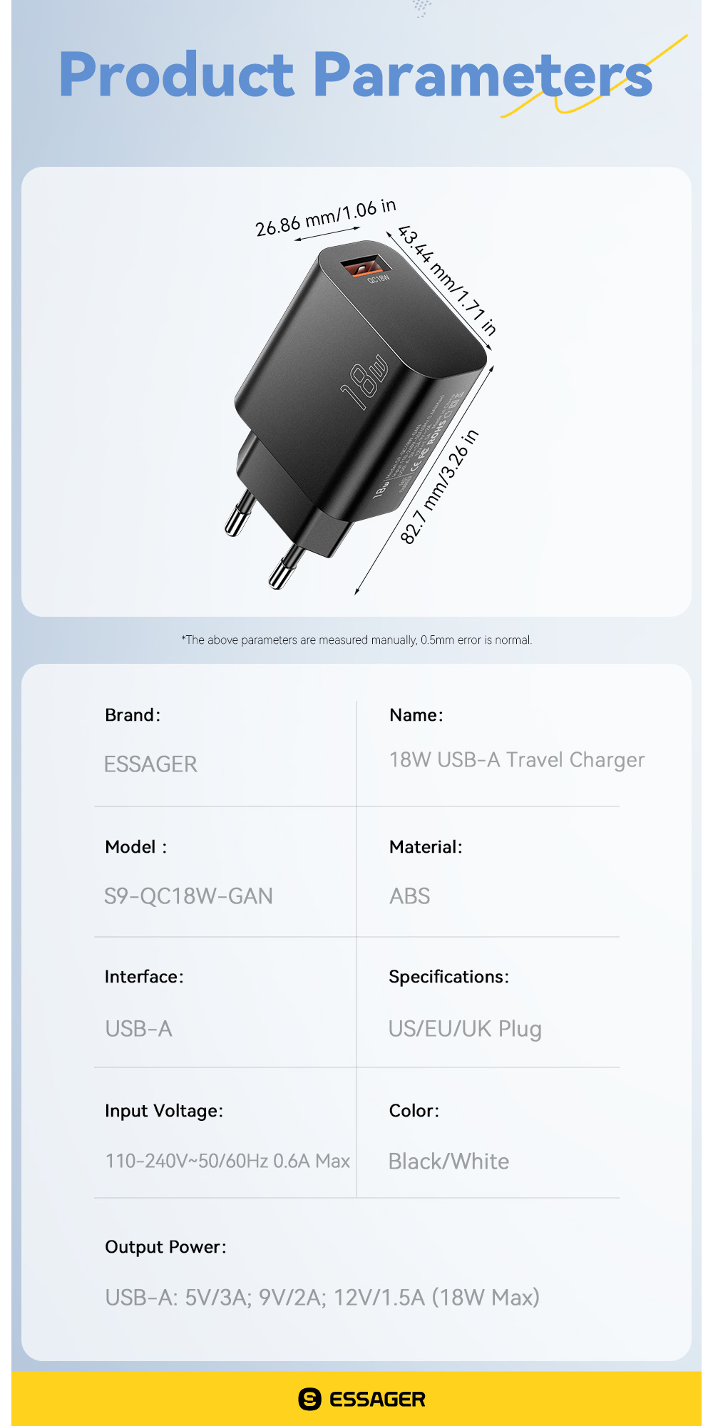 ESSAGER S9 GaN adapter za hitro polnjenje z vrati USB-A - 18W - bel
