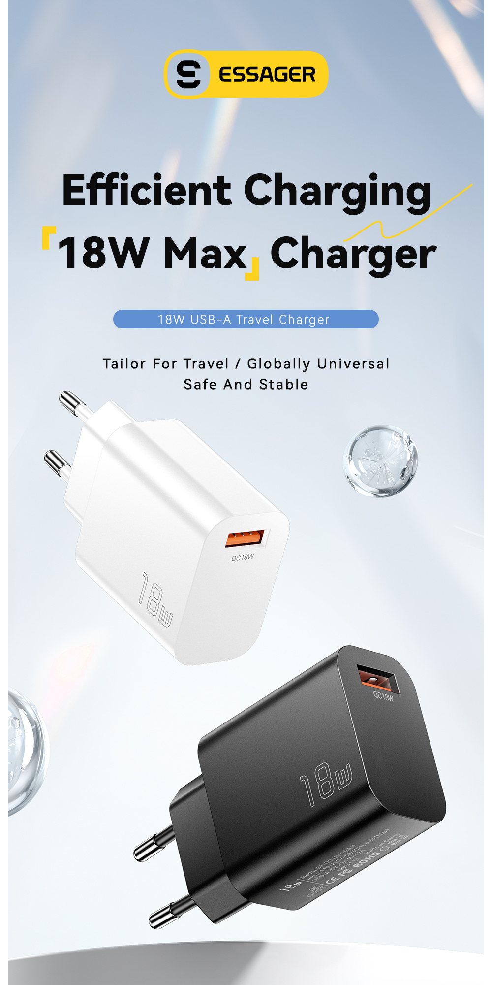 ESSAGER S9 GaN adapter za hitro polnjenje z vhodom USB-A - 18W - črn