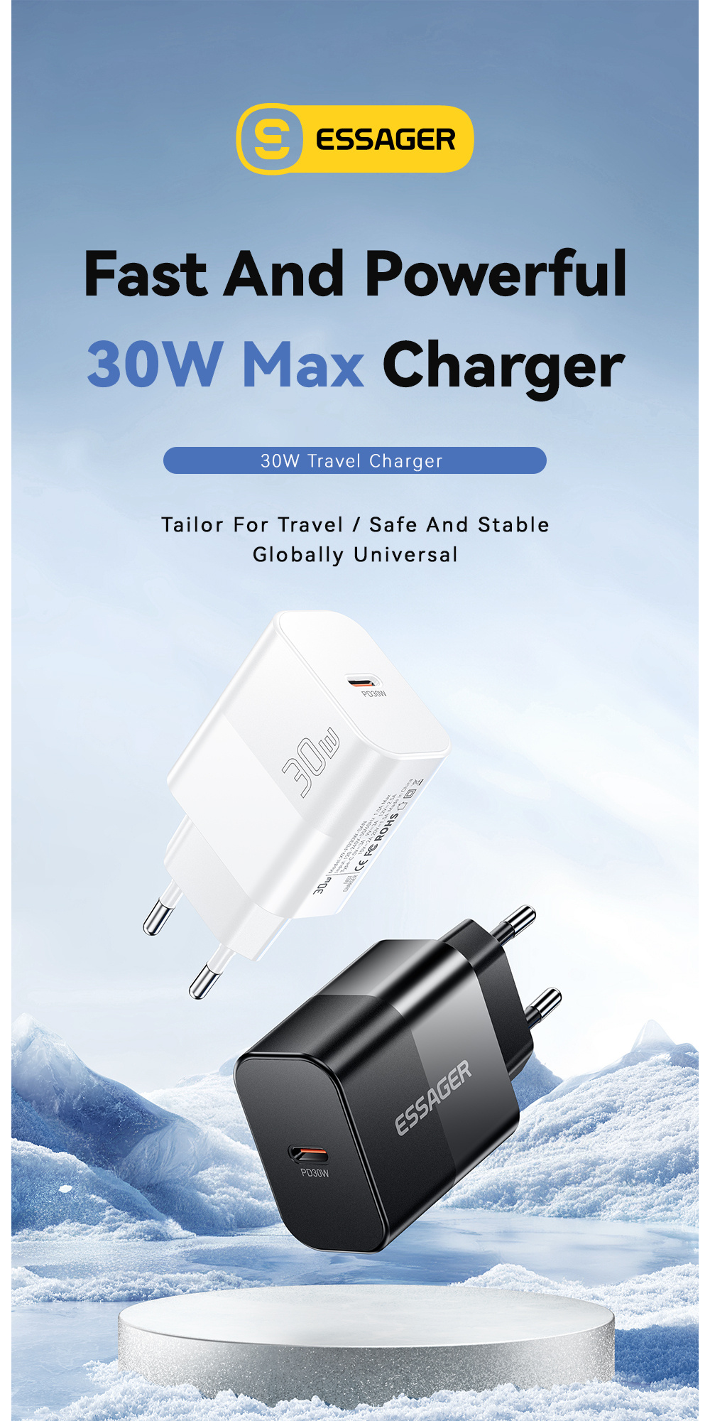 ESSAGER X9 GaN adapter za hitro polnjenje z vrati USB-C - 30W - bel