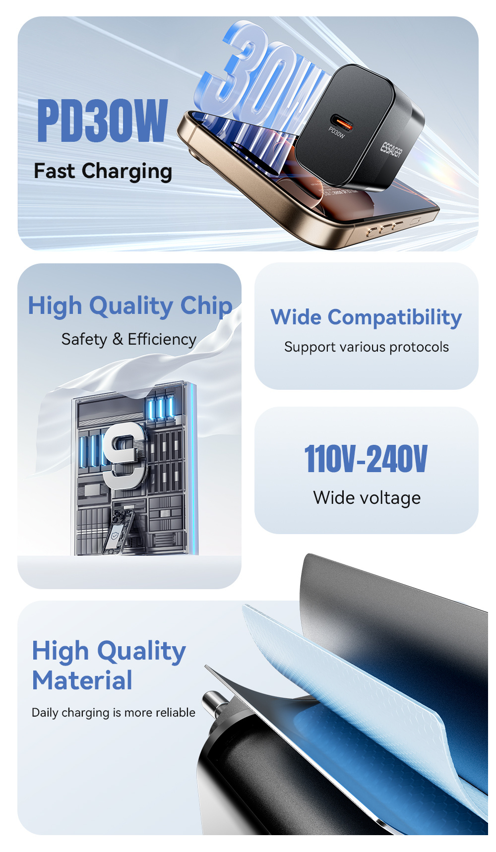 ESSAGER X9 GaN adapter za hitro polnjenje z vrati USB-C - 30W - bel