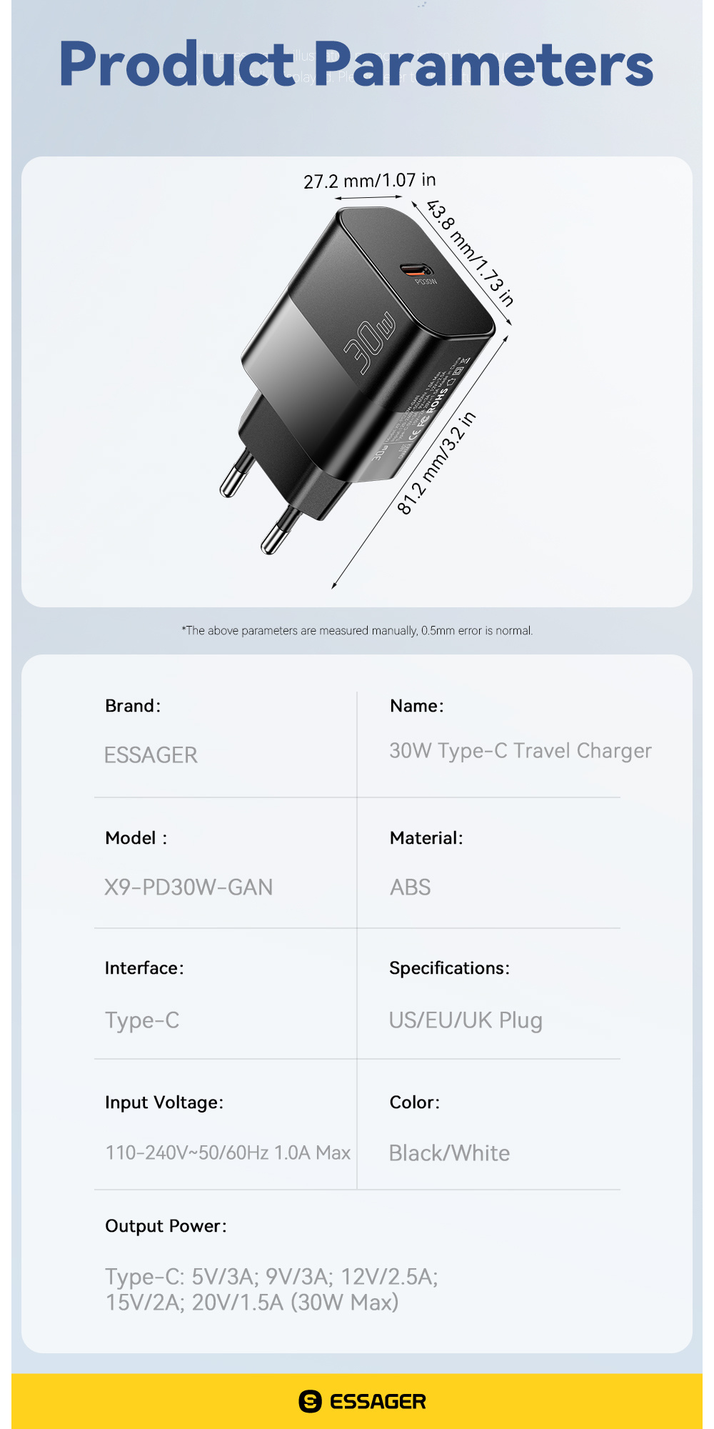 ESSAGER X9 GaN adapter za hitro polnjenje z vrati USB-C - 30W - bel