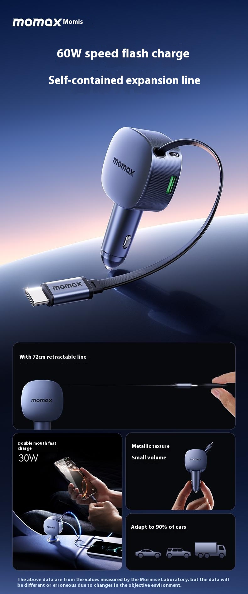 MOMAX UC19 komplet avtopolnilca s priključki USB-C / USB-A in izvlečnim kablom USB-C - 60W - 0,72 m - temno modra
