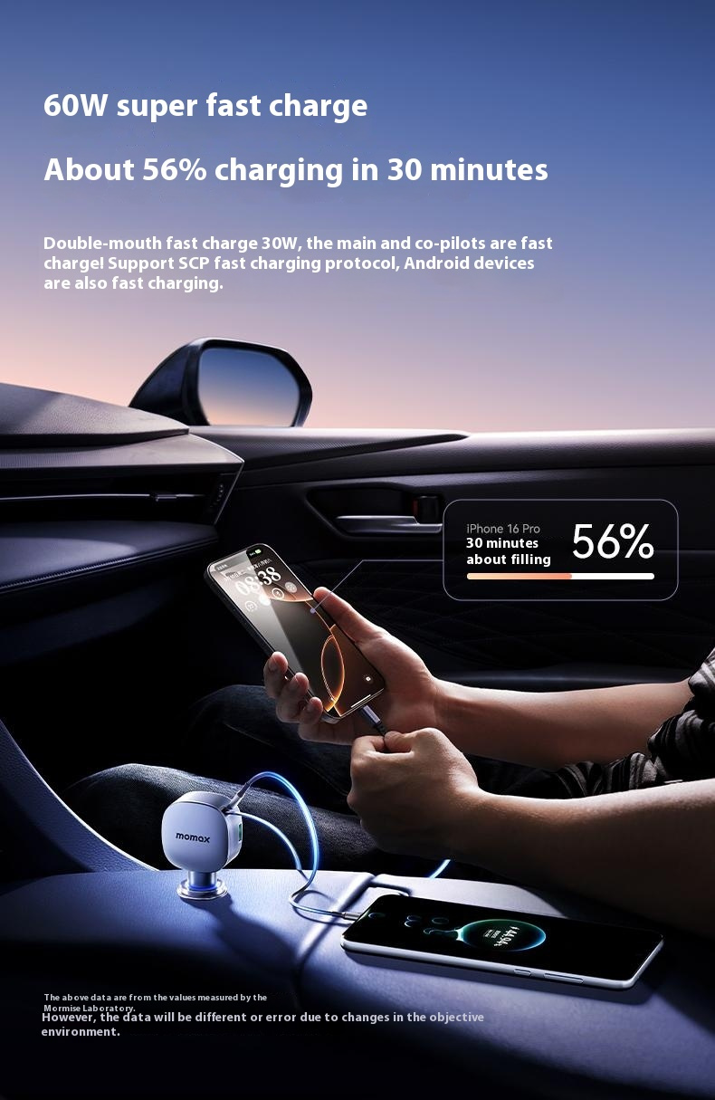 MOMAX UC19 komplet avtopolnilca s priključki USB-C / USB-A in izvlečnim kablom USB-C - 60W - 0,72 m - temno modra