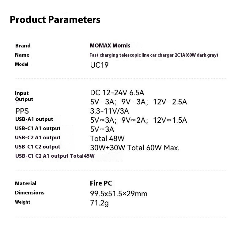 MOMAX UC19 komplet avtopolnilca s priključki USB-C / USB-A in izvlečnim kablom USB-C - 60W - 0,72 m - temno modra