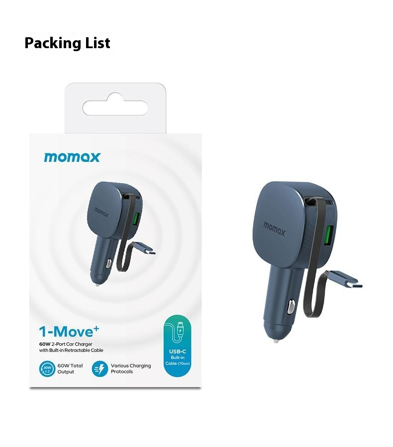 MOMAX UC19 komplet avtopolnilca s priključki USB-C / USB-A in izvlečnim kablom USB-C - 60W - 0,72 m - temno modra