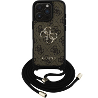 Guess 4G kovinski ovitek Crossbody Case z vrvico za iPhone 16 Pro Max - rjav