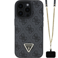 Guess 4G Strass Triangle Metal Logo etui s paščkom za iPhone 16 Pro - siv