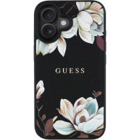 Guess Ovitek Grained Magnolia Flower Pattern in MagSafe za iPhone 16 - črn