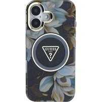 Guess Ovitek IML Glitter Magnolia and Triangle Logo z MagSafe za iPhone 16 - črn