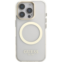 Guess IML Gold Outline ovitek z zložljivim stojalom in MagSafe za iPhone 16 Pro - prozoren