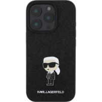 Karl Lagerfeld Ovitek z bleščicami Fixed Glitter Metal Ikonik za iPhone 16 Pro - črn