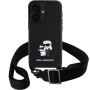 Karl Lagerfeld Saffiano Crossbody Metal Karl and Choupette etui z nastavljivim paščkom za iPhone 16 Plus - črn