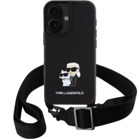 Karl Lagerfeld Saffiano Crossbody Metal Karl and Choupette etui z nastavljivim paščkom za iPhone 16 Plus - črn