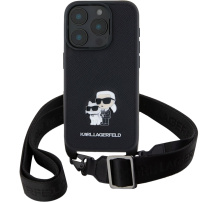 Karl Lagerfeld Saffiano Crossbody Metal Karl and Choupette etui z nastavljivim paščkom za iPhone 16 Pro - črn