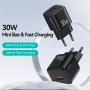 USAMS CC263 GaN mini hitri polnilni adapter z vrati USB-C / USB-A - 30W - črn