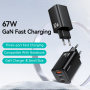 USAMS CC265 GaN adapter za hitro polnjenje z vrati 2x USB-C / USB-A - 67W - črn