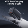 USAMS CC265 GaN adapter za hitro polnjenje z vrati 2x USB-C / USB-A - 67W - črn