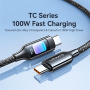 USAMS SJ750 pleten polnilni in podatkovni kabel z osvetlitvijo - USB-C na USB-C - 1,2 m - črn