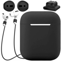 Praktični set za AirPods 1 / 2: vrvica proti izgubi + silikonski ovitek + zaponka z ročajem + ovitek za slušalke - črna