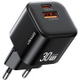 USAMS CC263 GaN mini hitri polnilni adapter z vrati USB-C / USB-A - 30W - črn
