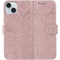 Preklopni etui s čipkastim vzorcem za iPhone 15 - roza