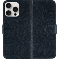 Preklopni etui z vzorcem čipke za iPhone 15 Pro - temno moder